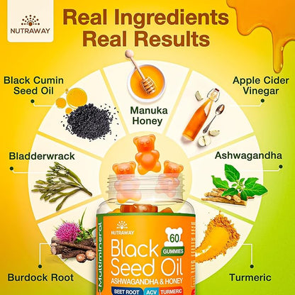 Black Seed Oil Gummies – Black Cumin Seed Oil, Ashwagandha, ACV, Biotin, Turmeric, Beet Root, Pomegranate, Vitamins C & B6 – Clean-Label Multivitamin Gummies for Adults & Kids