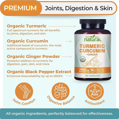 Organic Turmeric Curcumin Supplement in Capsules with Ginger and Black Pepper - Tumeric
