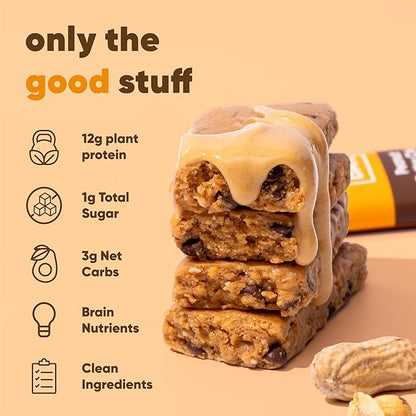 IQBAR Clean Plant Protein Bars - Peanut Butter Chip - 12 Count - Keto, Vegan, High Fiber, Gluten and Dairy Free, Low Sugar Snack - Brain and Body Nutrients for Focus, Energy, Meal Replacement