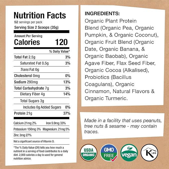 EarthChimp Organic Vegan Protein Powder - with Probiotics - Non GMO, Dairy Free, Non Whey, Plant Based Protein Powder for Women and Men, Gluten Free - 52 Servings, 64 Oz (Plain & Unsweetened)