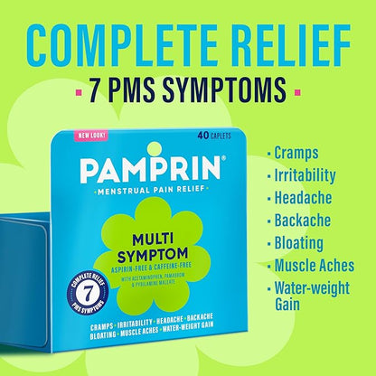 Pamprin Multi-Symptom Formula, with Acetaminophen, Menstrual Period Symptoms Relief including Cramps, Pain, Bloating, and Irritability 40 Caplets