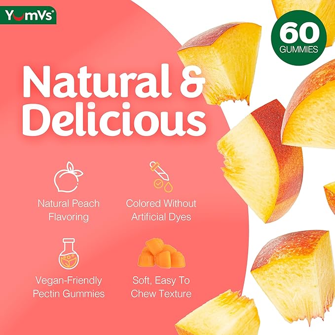 YUM-V'S YumVs Ginger Gummies, 500 mg Ginger Root Extract, Peach Flavor, Nausea Relief, Digestion & Immune Support, Vegan, Non-GMO, Gelatin-Free (60 Count)