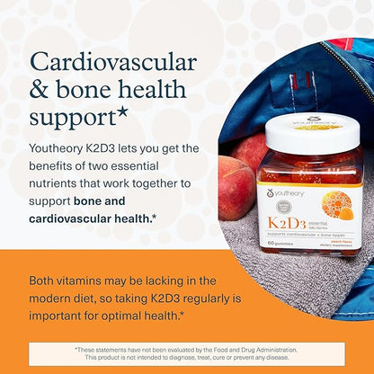 Youtheory K2D3 - Bone & Heart Health Support* - Combines Vitamin D3 & Vitamin K2 - Dairy, Soy & Gluten Free - Peach, 60 Vegetarian Gummies