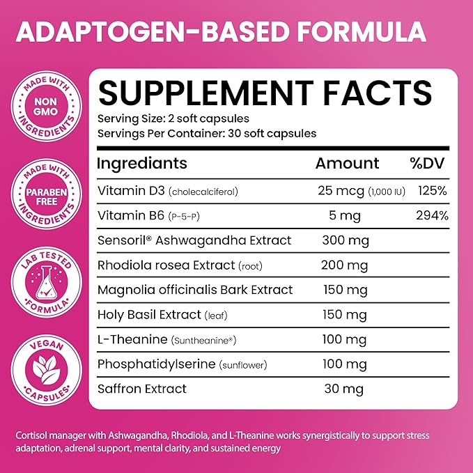 Cortisol Supplements for Women with Ashwagandha, Rhodiola & L-Theanine | Cortisol Reducer Designed for High Stress, Fatigue & Mood Swings | Supports Hormone Balance & Steady Energy | 60 Capsules