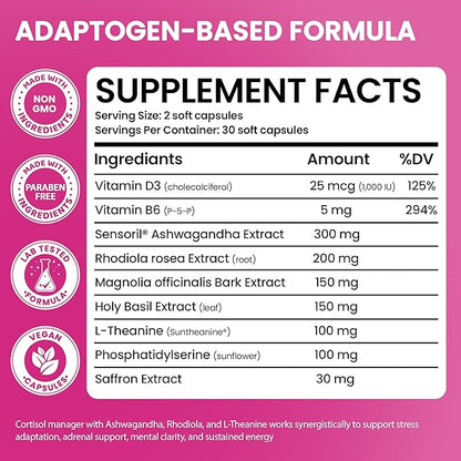 Cortisol Supplements for Women with Ashwagandha, Rhodiola & L-Theanine | Cortisol Reducer Designed for High Stress, Fatigue & Mood Swings | Supports Hormone Balance & Steady Energy | 60 Capsules