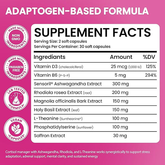 Cortisol Supplements for Women with Ashwagandha, Rhodiola & L-Theanine | Cortisol Reducer Designed for High Stress, Fatigue & Mood Swings | Supports Hormone Balance & Steady Energy | 60 Capsules
