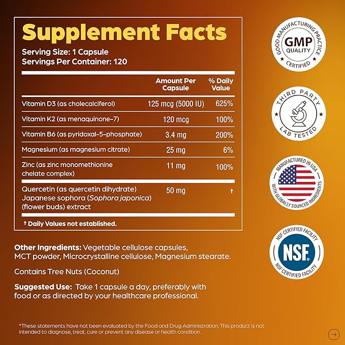 Sandhu's Vitamin D3 K2 Magnesium 5000 IU, 120mcg K2 Capsules 120 Count (Pack of 1) | with VIT B6, Zinc & Quercetin | D3K2 Supports Superior Absorption, Energy, Immune, Muscle Health for Men & Women