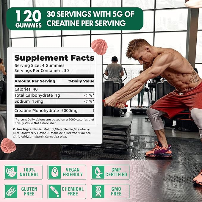 NSF Certified Creatine Gummy 5g - Creatine Monohydrate Gummies for Men & Women, Creatine Monohydrate for Muscle Strength, Muscle Builder, Energy Boost, Pre-Workout Supplement(120 Count)-Strawberry