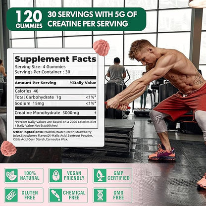 NSF Certified Creatine Gummy 5g - Creatine Monohydrate Gummies for Men & Women, Creatine Monohydrate for Muscle Strength, Muscle Builder, Energy Boost, Pre-Workout Supplement(120 Count)-Strawberry