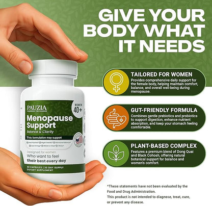 PAUZIA Menopause Supplements for Women 40+ | Natural Menopause Relief with Black Cohosh, Ashwagandha, Vitex | Hot Flash & Mood Support | Hormone-Free | Made in USA (60 Vegan Capsules)