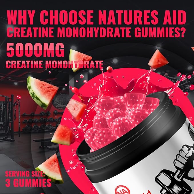 Natures Aid NSF Certified Creatine Gummy 5g - Creatine Monohydrate Gummies – Pre-Workout Energy & Muscle Growth Support for Men & Women | Watermelon Electrolyte Gummies (135 Count)