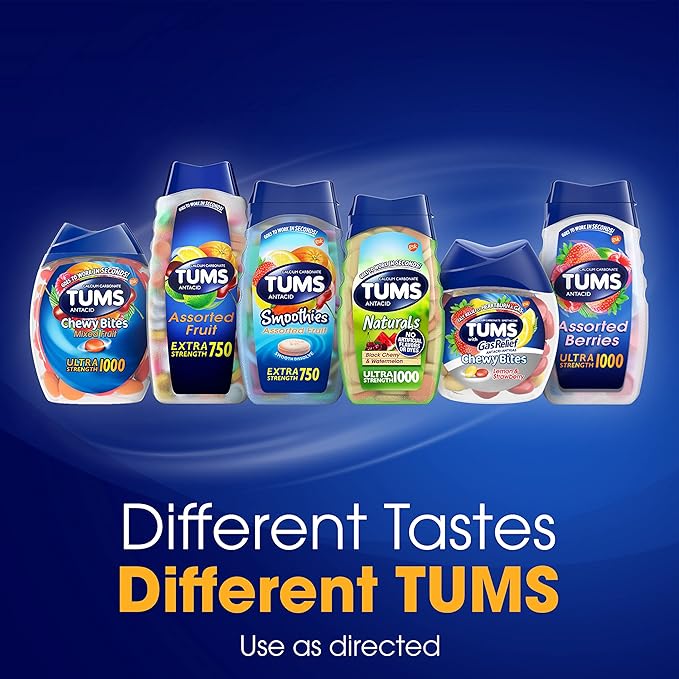 TUMS Chewy Bites Chewable Antacid Tablets with Gas Relief, Lemon & Strawberry - 28 Count