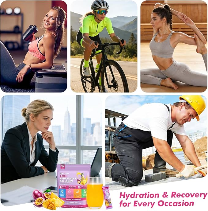 Electrolyte Collagen Powder Packets, 10g Collagen Protein Drink Mix for Hydration Recovery, Zero Sugar 2-in-1 Post Workout Rehydration, Joint Skin Muscle Support, 5 Vitamins, Tropical Fruit
