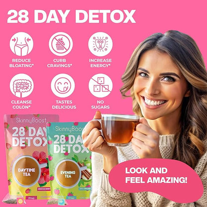 Skinny Boost Detox Tea Kit Slimming Tea for Weight, Metabolism, Energy, Bloating & Colon Cleanse – Green Tea, Herbal, Vegan, Keto, Non-GMO, Sugar-Free-2 PACK –1 Daytime Hibiscus (28 Bags) + 1 Evening Apple -(14 Bags)