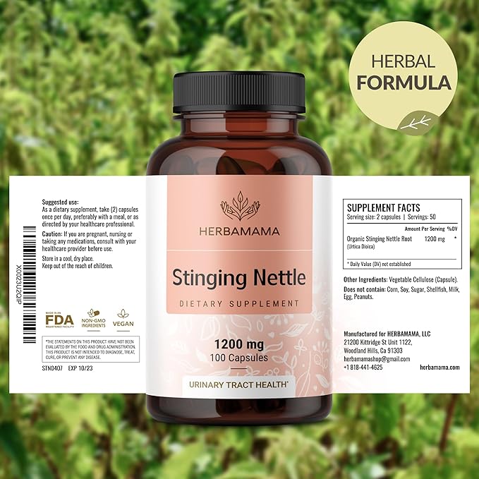HERBAMAMA Stinging Nettle Capsules - 1200mg Stinging Nettle Root Extract for Urinary Tract Support - Vegan, Non-GMO Urtica Dioica Supplement