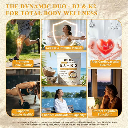 2-in-1 Vitamin D3 K2 Supplement Softgel, Vitamin D3 10000 IU and Vitamin K2 200 mcg, K2 MK7 with D3 Vitamin Supplement Support Immune, Heart, Joint, Teeth & Bone Health
