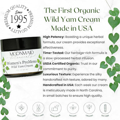 MoonMaid ProMeno Wild Yam Cream for Hormone Balance 2 Oz | Organic Wild Yam Cream for Hormones, Menopause Support, Skin Rejuvenation, Mood Balance, and Improved Sleep | Made in USA