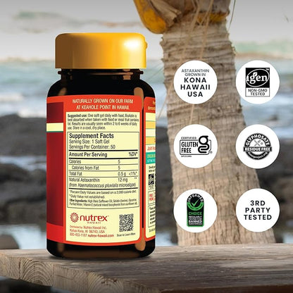 Nutrex Hawaii BioAstin Hawaiian Astaxanthin - 12mg, 50 Softgels - Farm-Direct Premium Antioxidant Supplement to Support Eye, Skin, Joint & Immune System Health - Non-GMO & Gluten-Free
