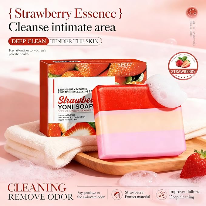 Feminine Cleansing Bar for Women, Yoni Bar, Ph-Balanced Formula, Remove Odor, Moisturize&Soften, Clean &Gentle Ingredients, Strawberry Scent, Velvety Texture for Daily Intimate Hygiene, Red