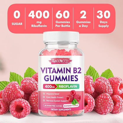 MEENCCD Vitamin B2 Gummies Riboflavin 400mg Supplement with Magnesium for Kids & Adults, B2 Gummies for Migraine Relief & Nervous System Support, Vegan, Sugar-Free, Raspberry Flavor, 60 Count