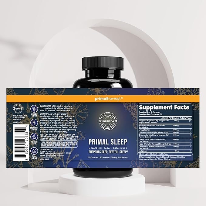 Primal Harvest Primal Sleep Support Supplement for Adults with Melatonin, GABA, Valerian Root, L-Tryptophan, Magnesium Bisglycinate Chelate, and Chamomile for Deep Restful Sleep