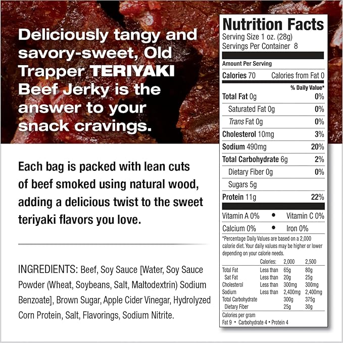 Old Trapper Beef Jerky, Teriyaki 8 Ounce Individual Pack, Tender Meat Snack for Lunches or Between Meals, 11 Grams of Protein, Zero Grams of Fat, and 70 Calories per Serving (Pack of One)
