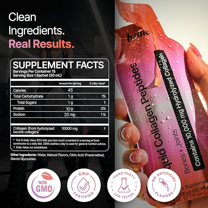 BeMe Wellness FORTIBONE Collagen Peptides - Liquid Collagen for Joint & Bone Health with 10,000mg FORTIBONE & FORTIGEL - Ready to Drink Sachets, Backed by Clinical Studies, Bone Density - 15 Servings
