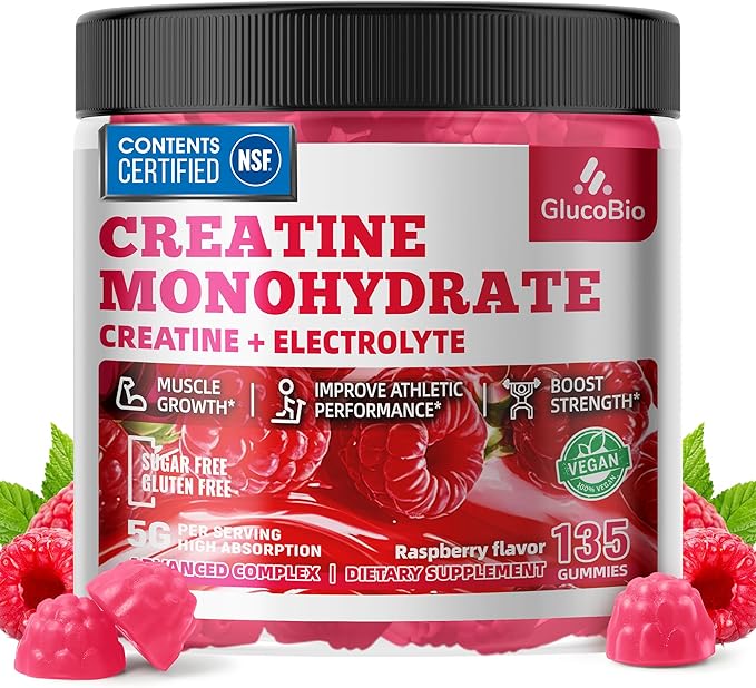 Creatine Monohydrate Gummies (5g) – Pre-Workout Energy & Muscle Growth Support for Men & Women | Raspberry Electrolyte Gummies (135 Count)
