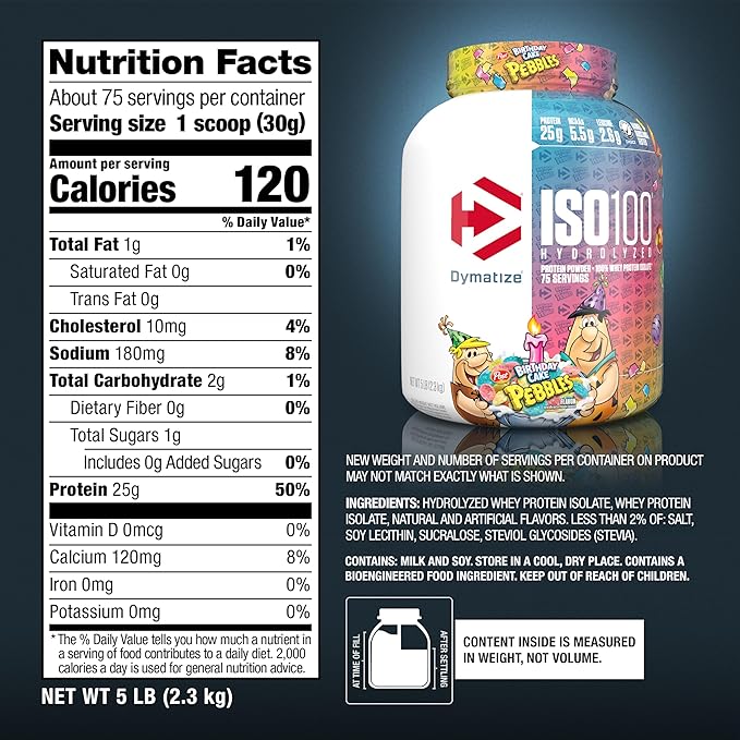 Dymatize ISO100 Whey Protein Powder Isolate, Birthday Cake, 25g of Protein, 5 Pound, 5.5g BCAAs, Less Than 120 Cal., Gluten Free, 1g Fat, 1g Sugar, 2g Carb (75 Servings)