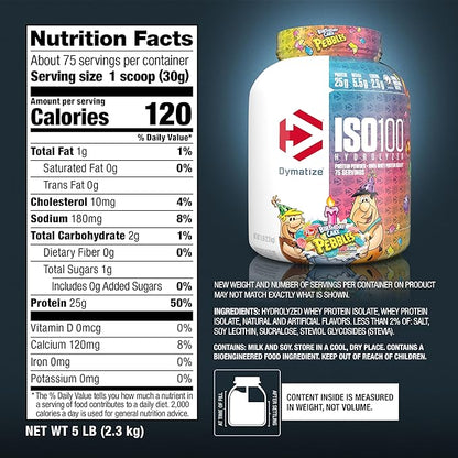 Dymatize ISO100 Whey Protein Powder Isolate, Birthday Cake, 25g of Protein, 5 Pound, 5.5g BCAAs, Less Than 120 Cal., Gluten Free, 1g Fat, 1g Sugar, 2g Carb (75 Servings)