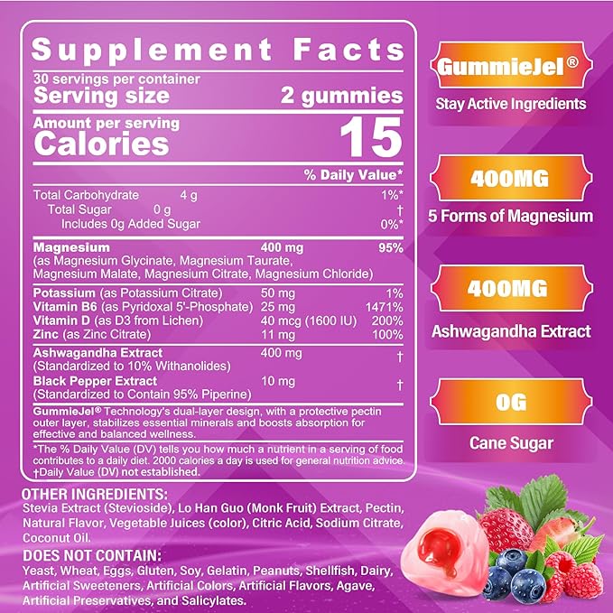 Sugar-Free Magnesium Gummies 400mg | 5-in-1 Complex Magnesium: Glycinate, Citrate, Malate, Chloride & Taurate | with Ashwagandha, Vitamin D3 & Zinc | Calm, Mood & Energy Support | Vegan, 2-Pack