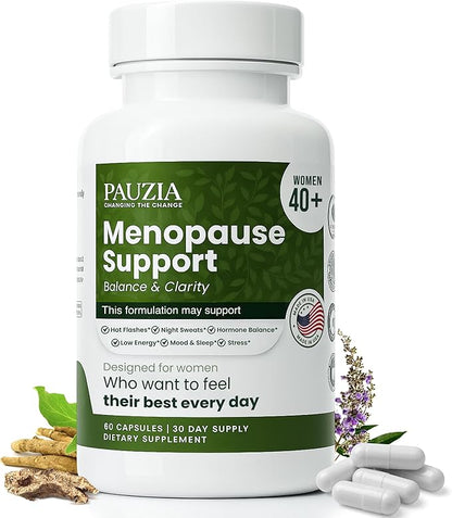 PAUZIA Menopause Supplements for Women 40+ | Natural Menopause Relief with Black Cohosh, Ashwagandha, Vitex | Hot Flash & Mood Support | Hormone-Free | Made in USA (60 Vegan Capsules)
