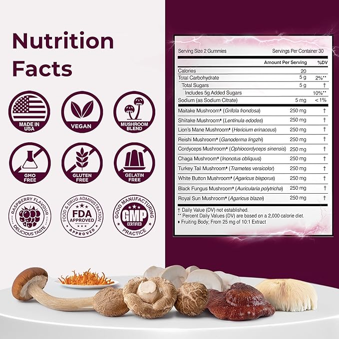 Lions Mane & Cordyceps Mushroom Gummies - 10in1 Supplement - for Focus, Energy, Mood, Memory & Clarity (3 Pack)