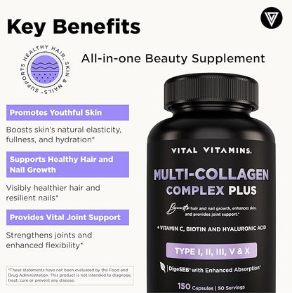 Vital Vitamins Multi Collagen Capsules with Biotin, Hyaluronic Acid, Vitamin C - Type I, II, III, V, X Peptides - Collagen Supplements for Men & Women - Hair, Skin, Nails Beauty Complex - 150 Count
