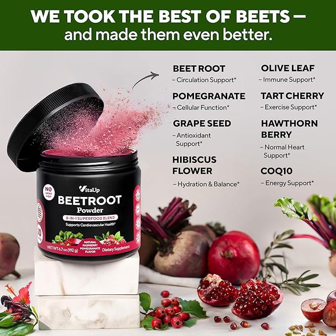 VitaUp Beet Root Powder 8 in 1 – USA Made Beets Powder Supplements with Grape Seed, Hawthorn, Coq10 – with Organic Beetroot for Energy & Circulation Support – Non-GMO, 30 Serving
