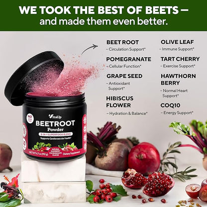 VitaUp Beet Root Powder 8 in 1 – USA Made Beets Powder Supplements with Grape Seed, Hawthorn, Coq10 – with Organic Beetroot for Energy & Circulation Support – Non-GMO, 30 Serving