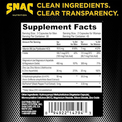 SNAC ZMA-5 Mineral Supplement - Supports Muscle Function, Restful Sleep, Immune Health & Relaxation with Zinc, Vitamin B6, Magnesium & 5-HTP for Sleep, Anxiety, Calmness - 180 Veggie Capsules (2 Pack)