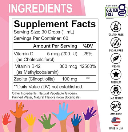 Zeolite Detox for Kids Lingo Drops - Natural Lingo Zeolite Drops for Kids Methylated B12 & D3 Advanced Clinoptilolite - Pure Extra Clinoptilolite Leap Liquid Detox Body Cleanse Supplement Ages 3+, 2oz