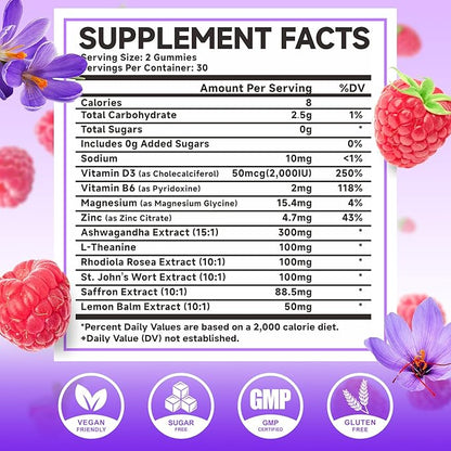 MEENCCD Saffron Gummies for Kids & Adults - Saffron Supplements with Magnesium, L-Theanine, Rhodiola, Sugar-Free, Raspberry Flavor, 60 Count