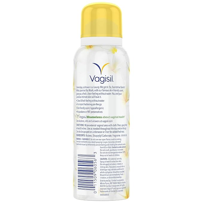 Vagisil Scentsitive Scents Feminine Dry Wash Deodorant Spray for Women, Gynecologist Tested, Paraben Free, White Jasmine, 2.6 Ounce (Pack of 1)