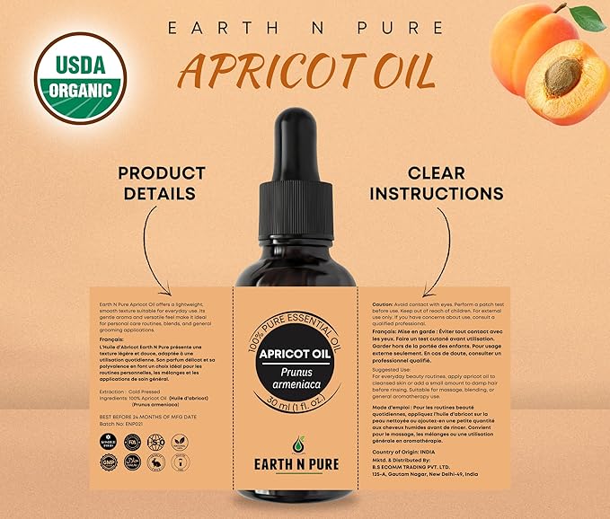 Earth N Pure Apricot Oil (Khumani Oil) Cold Pressed, Natural and Therapeutic Grade 15 ml