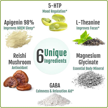 Natural Sleep Aid Supplement for Adults Without Melatonin - Non-Habit Forming Herbal Sleep - GABA, L-Theanine, Reishi Mushroom, Apigenin, Magnesium Glycinate, 5-HTP - 90 Vegan Capsules