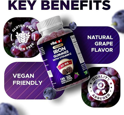 Vitabod Iron Gummies Supplement for Women, Men & Kids - 20mg - with Vitamin C - Dietary Supplement for Red Blood Cell Support, 180 Pectin Based Gummies