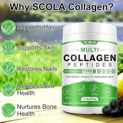 SCOLA Collagen Peptides Powder- Type I, II, III, V, X - Hydrolyzed Collagen Peptides with Vitamin C Hyaluronic Acid, Supports Skin Hair Nail & Joint, Non-GMO, 1lb