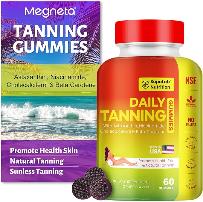 Tanning Gummies for Women Men - Natural Self Tanner Supplement with Astaxanthin, Beta Carotene, Lycopene, Zinc Citrate & Vitamins, Sunless Tan Booster, Skin Hydration & Glow (Purple)