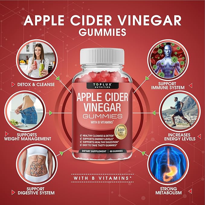 Toplux Apple Cider Vinegar Gummies - 1000mg ACV with B12, Beet Root, Pomegranate for Immune System, Detox & Cleanse, Gummy Alternative to Apple Cider Vinegar Capsules, for Men Women 2X Pack