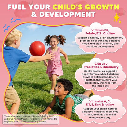 Kids Methylated Multivitamin Gummies with Omega 3, Multivitamin for Kids & Teens 4+ w/L Methylfolate & B12, Calcium, Probiotics, Elderberry, 16 Vitamins for Healthy Growth, Immune Support, Sugar Free