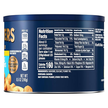 PLANTERS Deluxe Salted Whole Cashews, Party Snacks, Plant-based Protein, 8.5 oz Canister