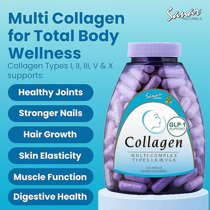 Sanar Naturals Multi Collagen Pills Type I, II, III, V, X | Extra Strength Hair, Nail, Skin, Bone & Joint Support | Hydrolyzed Collagen Supplement for Women and Men | Non-GMO, 150 Capsules