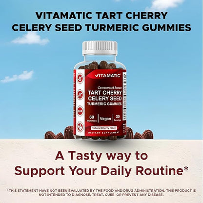 Vitamatic Tart Cherry (360 mg) with Celery Seed (30 mg) 10:1 Extract & Turmeric 20:1 Extract (10 mg) - (Per Serving/2 Gummies) - 60 Gummies (Pack of 2)